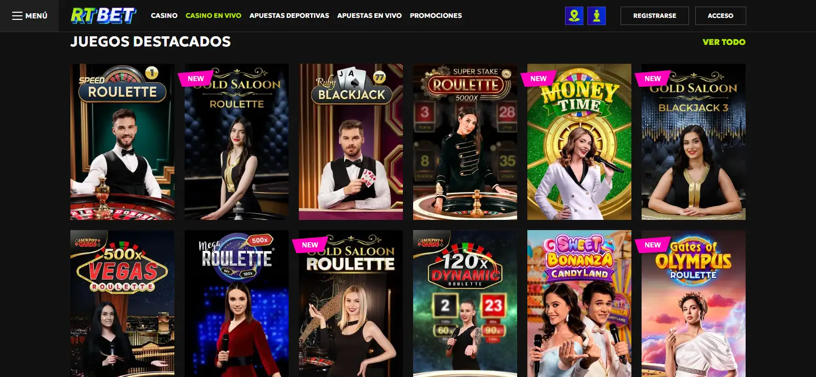 Lobby de juegos de RTbet en español con categorías y proveedores