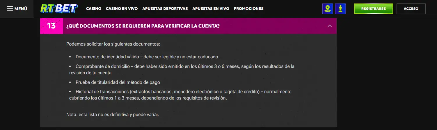 Ayuda de RTbet sobre documentos de verificación