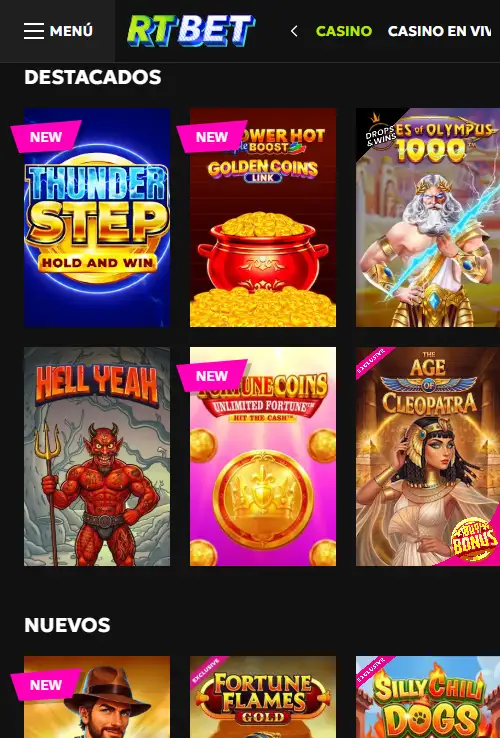 RTbet en español visto desde un teléfono móvil