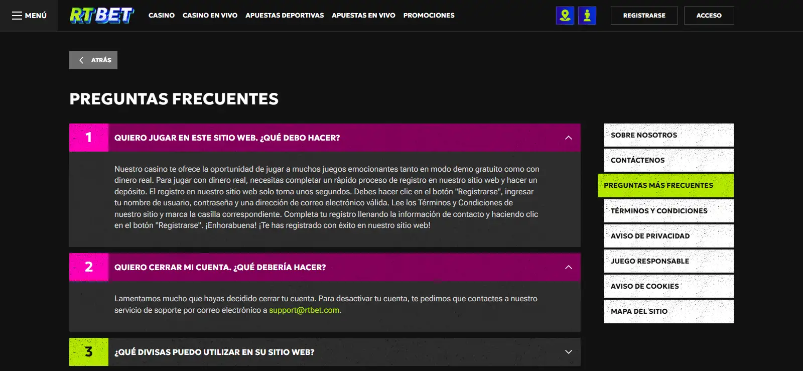 Ayuda de RTbet sobre registro y acceso
