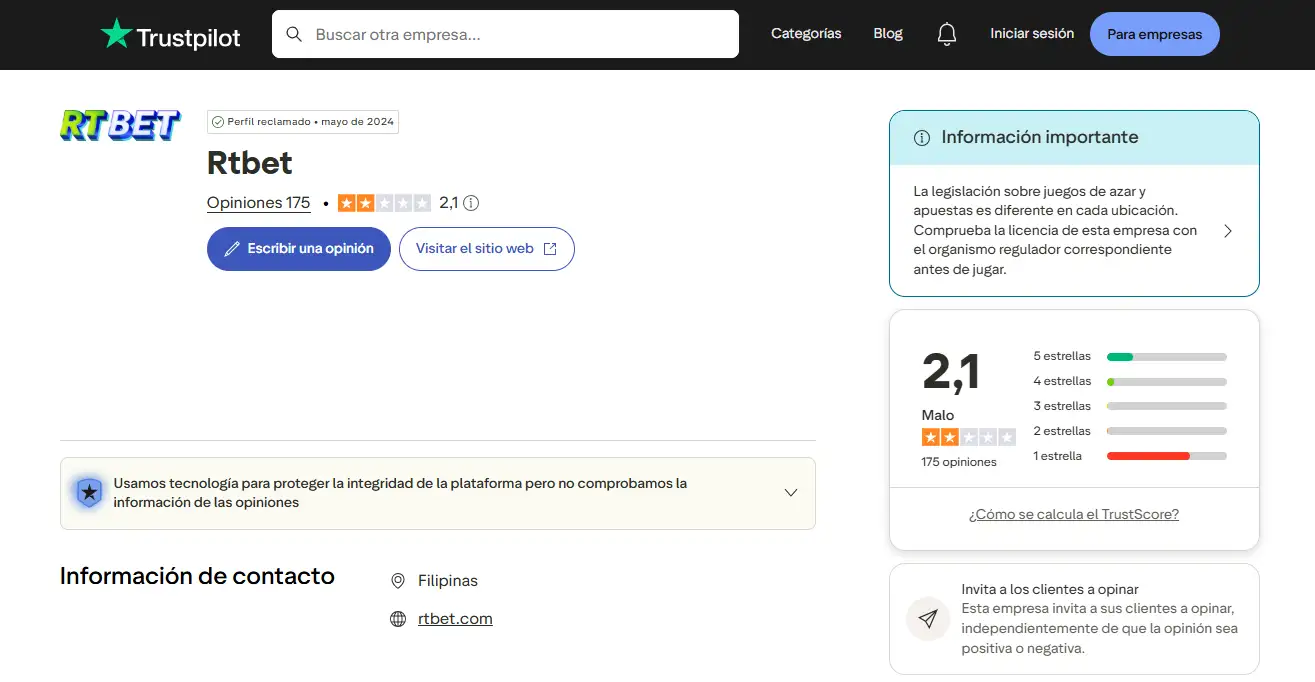 Página de opiniones de RTbet en Trustpilot España