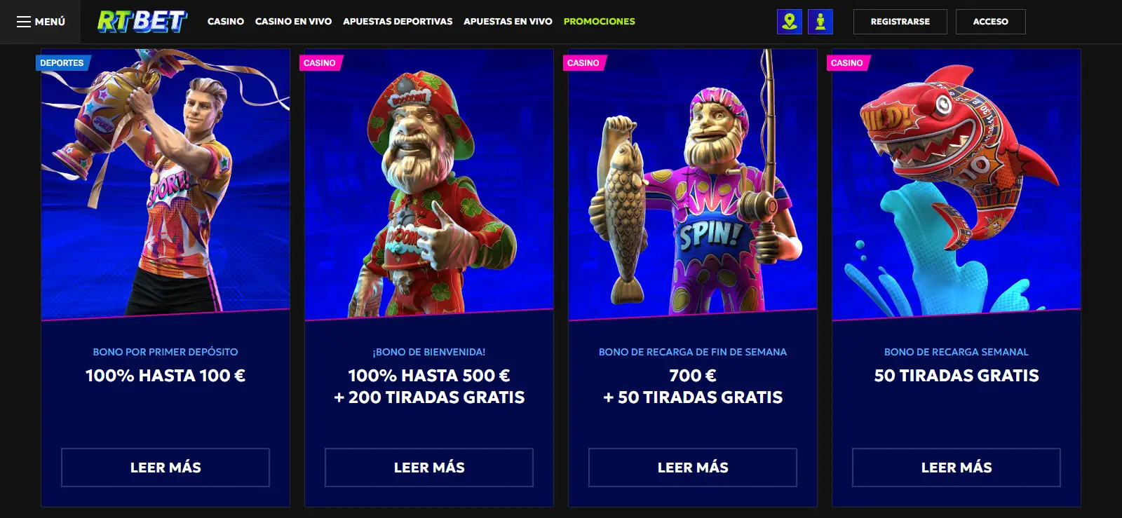 Promociones de RTbet disponibles en la sección de ofertas en español