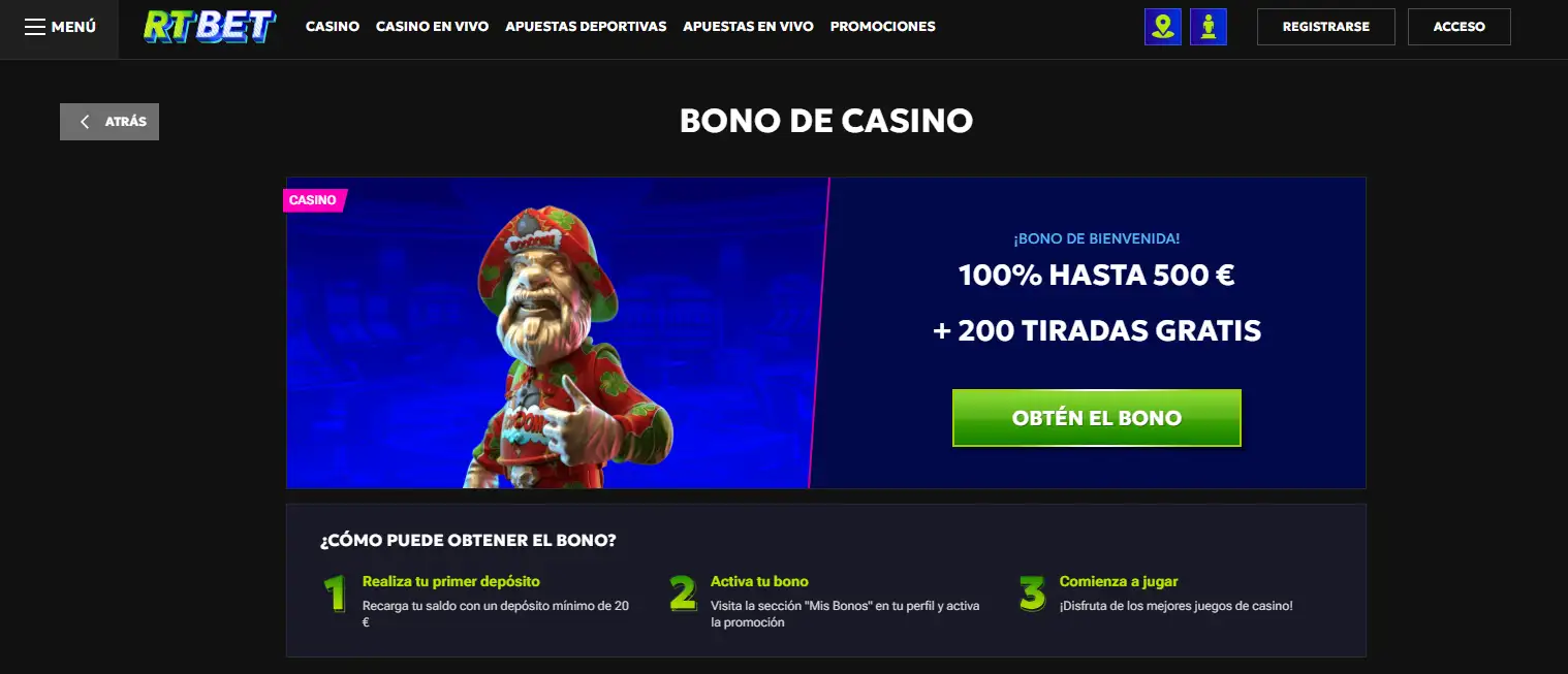 Bono de bienvenida de RTbet en español con sus condiciones principales
