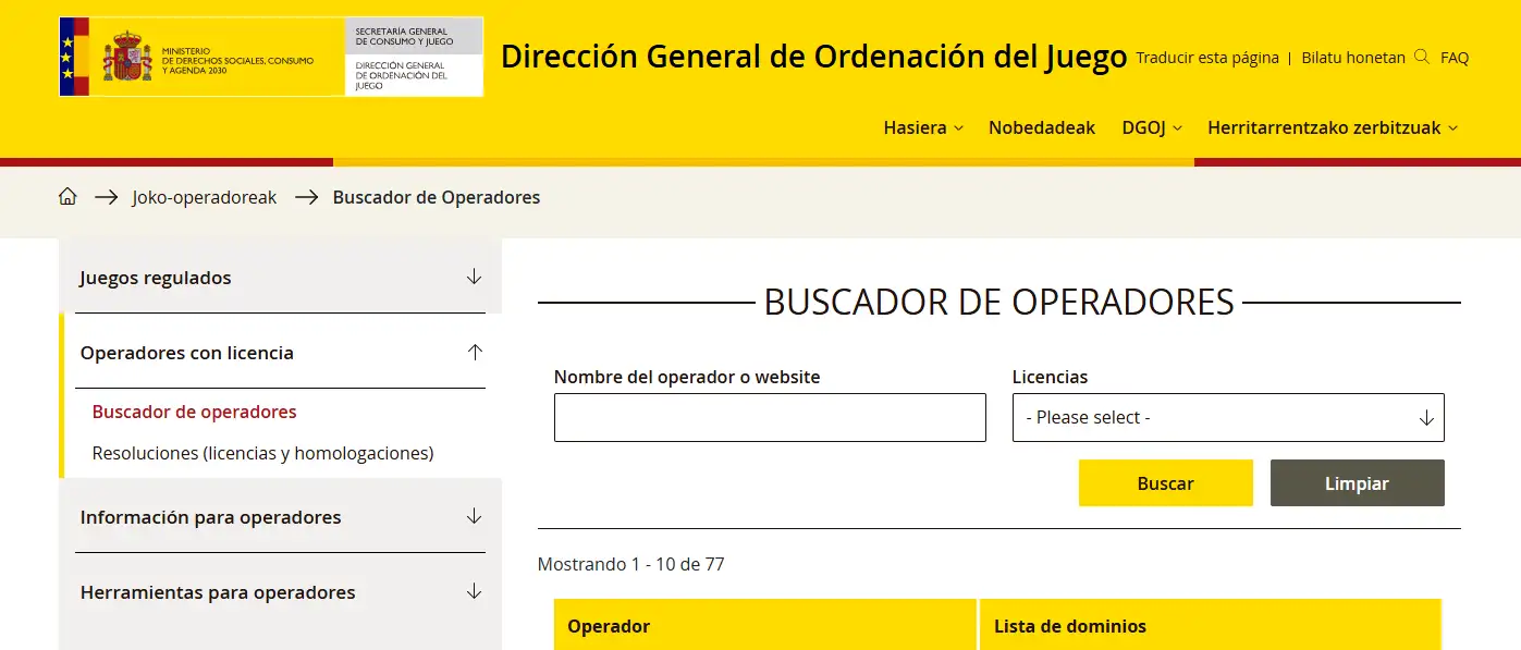 Buscador público de operadores de la DGOJ